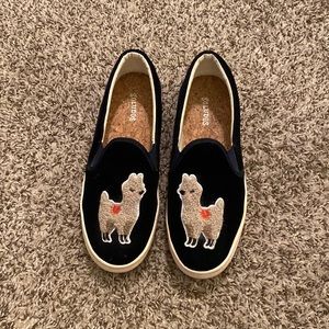 Soludos suede smoking slippers with llama